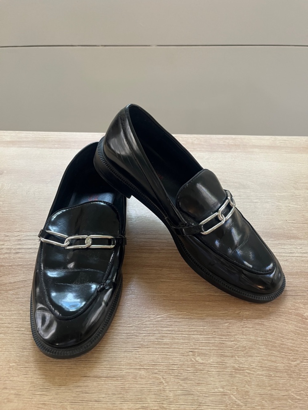 Leandra Medine x Mango Black Patent Loafers with Silver Chain Detail